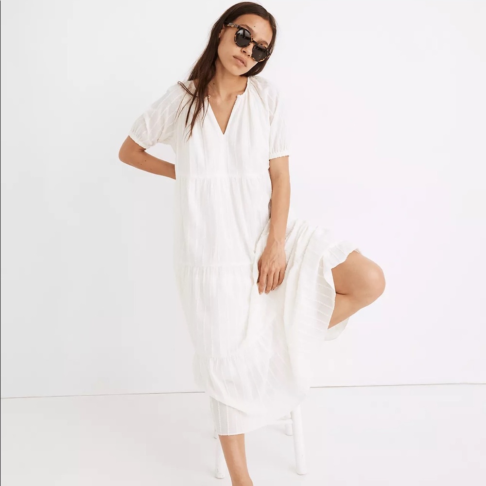 COPY - Bubble-Sleeve Tiered Midi Dress in Textural Stripe